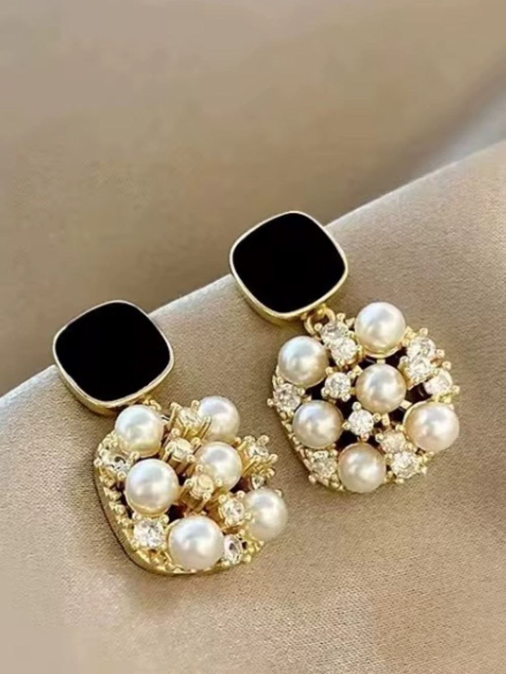Gold Pearl Cluster Drop Earrings with Black Accent